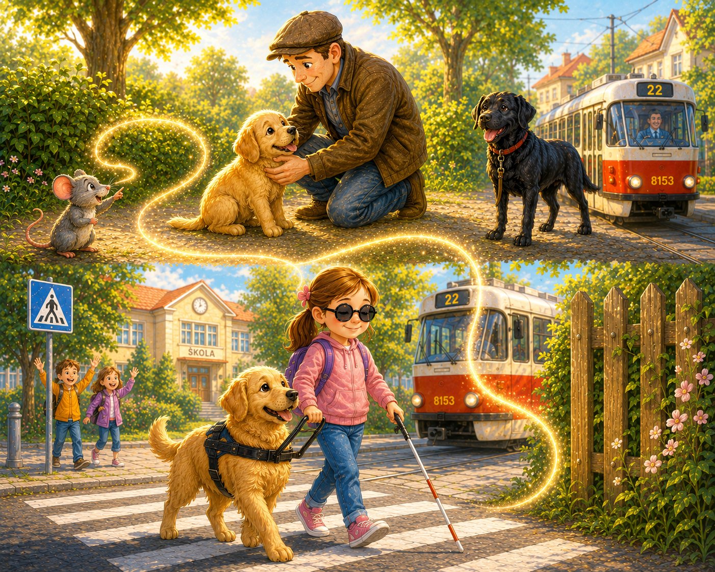 Myška a pejsek Alan s asistenční vestou objímá holčička Lucinka — ilustrace k pohádce o Dobrých andělech
